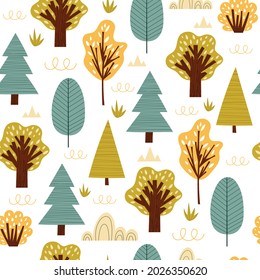 Forest nature seamless pattern in skandinavian style. Different kind of trees. Coniferous and deciduous trees. Perfect for nursery design, fabrics, textile, wrapping paper. Flat vector illustration. 