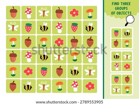 Forest nature seek and find game with traditional symbols. Attention skills training puzzle with berry, cone, acorn. Woodland printable activity, searching puzzle. Find groups of objects
