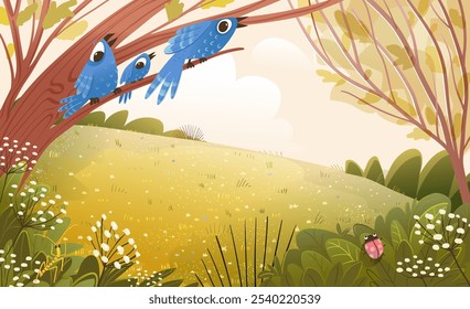 Forest nature with trees and grass clearing. Birds sitting on the branch of the tree. Empty Wilderness background, grass lawn and trees, no people scene. Vector cartoon nature wallpaper illustration.