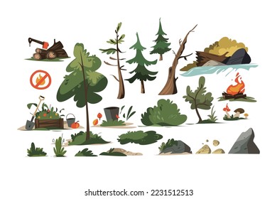 Forest nature with trees and stones set vector illustration. Trees, hedges, bush, mushrooms and apples flat style concept