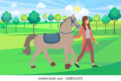 Forest nature vector, woman spending weekends with animals and natural park. Horse and female character touching mammal, mane or stallion flat style. Girl walking with brown horse