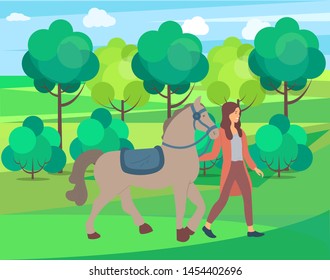 Forest nature vector, woman spending weekends with animals and natural park. Horse and female character touching mammal, mane or stallion flat style. Girl walking with brown horse