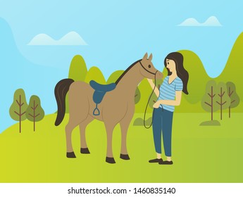 Forest nature vector, woman spending weekends with animals and natural park. Horse and female character touching mammal, mane or stallion flat style. Girl walking with brown horse