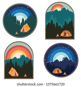 Forest near big mountain over sunset sky, summer camping themed illustration.