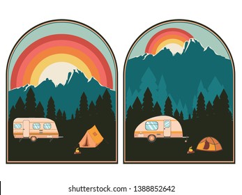 Forest near big mountain over sunset sky, summer camping themed illustration.