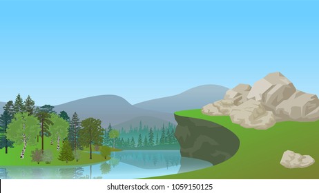 The forest is near the river. Vector illustration.