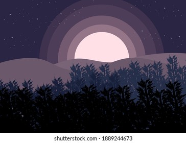 The forest at night is dark, only the moonlight shines on the back of the mountain