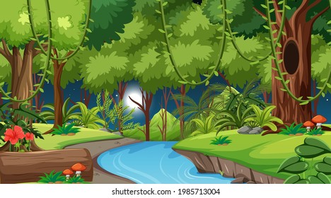Forest at night landscape scene illustration