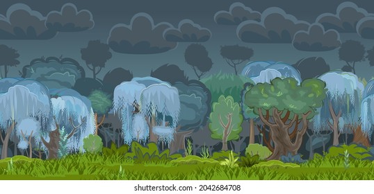 Forest night meadow. Dark trees. Willows and oaks. Edge with grass and hills. Glade and bushes. Beautiful and graceful trees. Cloudy sky. Seamless. Flat style. Cartoon design. Vector.