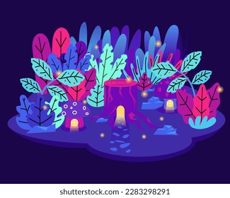 forest night, mushroom house vector and illustration