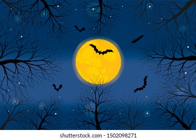 forest at night on halloween vector, full moon background, under the sky in the deep dark forest