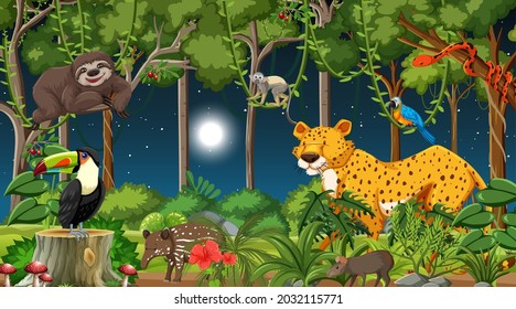 Forest at night scene with different wild animals illustration