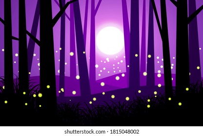 Forest night scene with fireflies and moon