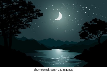 forest night scene illustration with river, crescent moon and starry sky