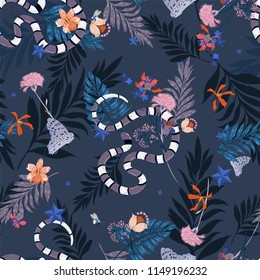Forest in the night  in seamless pattern vector with snake , leaves ,flowers,insect,butterfly,bees for fashion and all prints on navy blue background