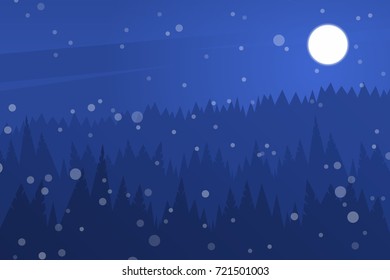 Forest at night sky. Night christmas landscape. Silhouette of pines and snow. Background for holiday cards