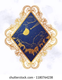 Forest and night sky in the shape of a rhombus