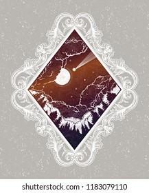 Forest and night sky in the shape of a rhombus