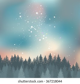 Forest and Night sky with stars vector background. Space backdrop.