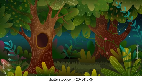 Forest at night with spooky hollow tree, fantasy enchanted magic landscape cartoon. Kids fairytale watercolor style mystery illustration. Wallpaper background children vector design.