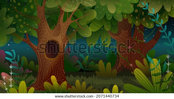 Forest at\
night with spooky hollow tree, fantasy enchanted magic landscape\
cartoon. Kids fairytale watercolor style mystery illustration.\
Wallpaper background children vector\
design.