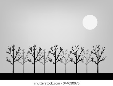 Forest at night, trees silhouettes and moon, vector illustration