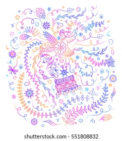 Forest nymph, Mother Nature, magic fairy, Bohemian goddess. Ornate women portrait with hair of leafs, flowers, herbs, birds and butterflies. Vector esoteric illustration in rainbow colors