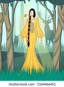 Forest nymph. Woman in forest. Sakha woman going to ysyakh. Beautiful long dark haired female with yellow dress. Yakut national jewellery. Animals silhouettes. Spirit of summer. Olonkho character. 