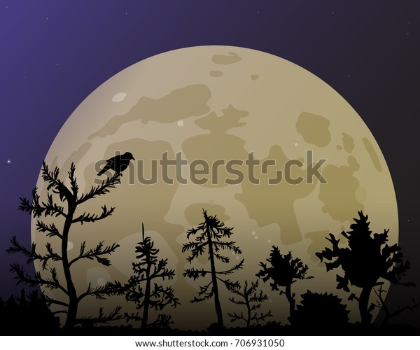 The forest on the\
background of the big yellow moon. Dark blue night sky and bird\
vector illustration.