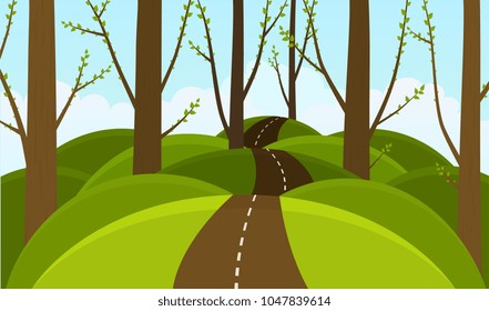 Forest on the background hills. Spring blooming forest.