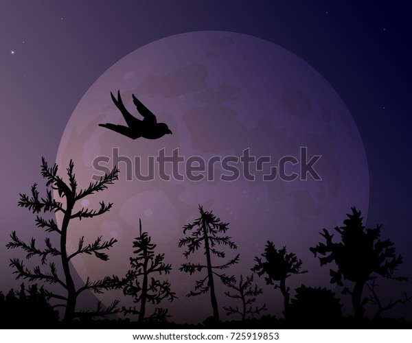 The forest on the\
background of the moon and silhouette of bird. Dark violet night\
sky vector illustration.