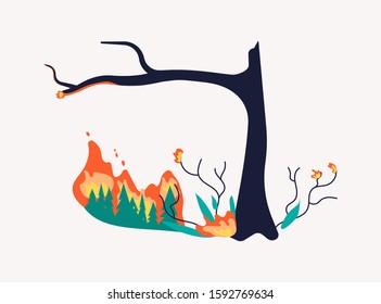 Forest On Fire and burning isolated on white. Wildfire disaster with Burning tree and firtrees concept. Flat Art Vector Illustration