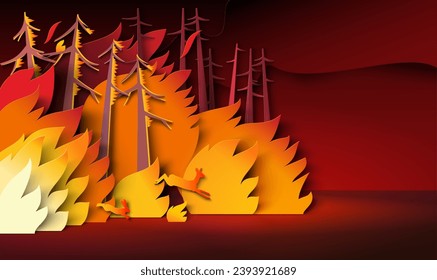 Forest on fire and deer escaping blazing flames papercut vector illustration. Climate change, natural disaster and cataclysm concept