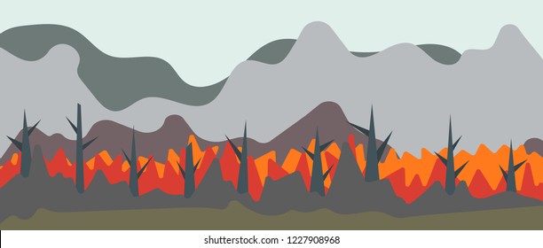 The forest is on fire. Smoke and fire.  Vector illustration. Background for games or web design. Eps 10