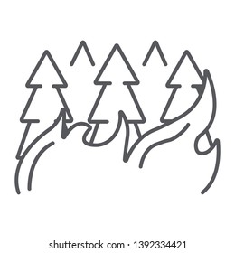 Forest on fire thin line icon, burn and disaster, burning trees sign, vector graphics, a linear pattern on a white background, eps 10.