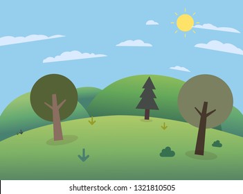 Forest on hills with big mountains and sky.Beautiful scene meadows with three mountains in the background.Nature landscape with trees, hills , sky and sun Vector illustration