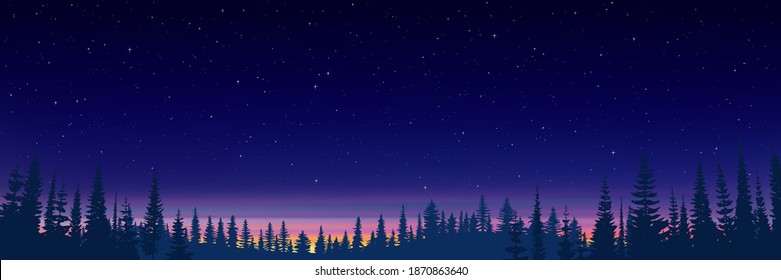 Forest on the horizon and stars in the sunset sky. Vector illustration.