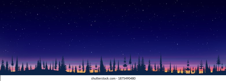 Forest on the horizon and stars in the sunset sky. Vector illustration.