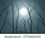 Forest on moonlight night. Bare tree silhouettes. Full moon and stars