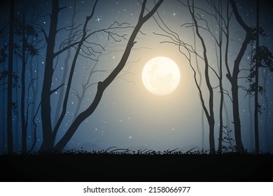 Forest on moonlight night. Bare tree silhouettes. Full moon and stars