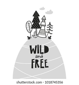 Forest on the mountain, poster for baby room, greeting card, print on the wall, pillow, decoration kids interior, baby wear and t-shirts  