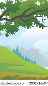 Forest on mountains landscape background vector poster. spring and summer background with copy space for text - background for banner, greeting card, poster and adve