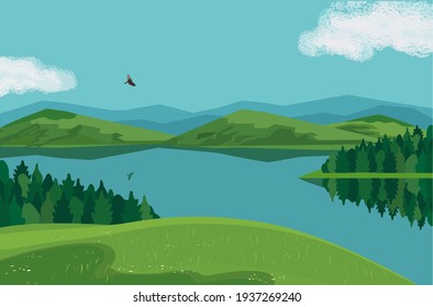 Forest on mountains river landscape background vector poster. Bright sunny day in green mountain calm lake valley cartoon illustration. Summer season alpine wild nature outdoor hand drawn scenic view