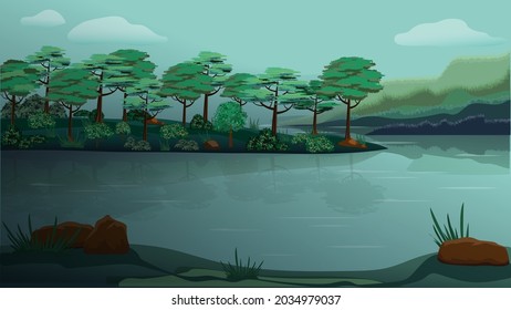 Forest on mountains river landscape background vector poster. Bright sunny day in green mountain calm lake valley cartoon illustration. Summer season alpine wild nature outdoor hand drawn scenic view