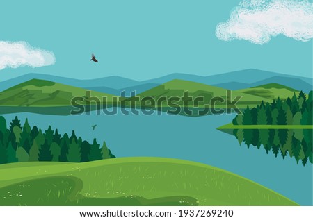 Forest on mountains river landscape background vector poster. Bright sunny day in green mountain calm lake valley cartoon illustration. Summer season alpine wild nature outdoor hand drawn scenic view