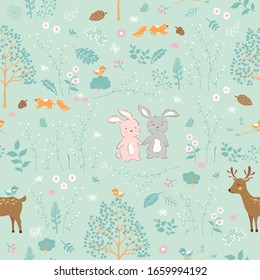 Forest on springtime with cute animals seamless pattern,for decorative,kid product,fashion,fabric,wallpaper and all print,vector illustration