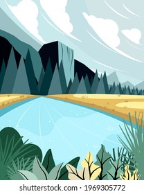 Forest on stone mountain river landscape background vector. Beautiful and bright nature style.