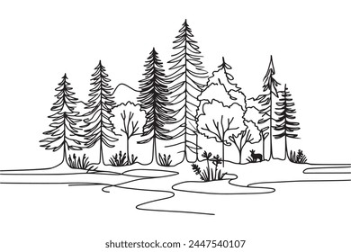 forest in one line. vector illustration of a forest with many trees. graphic illustration