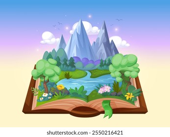 Wald im offenen Buch. Cartoon Zauberbücher mit Naturlandschaft Szene, Märchen Fantasie Traum Kinder Storybook lesen Fantasie Abenteuer Reise, Swanky Vektorgrafik Original Kunstwerk