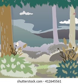 Forest, to an open grassy field with mountains, sky and clouds. Details are silhouetted like cut, colored,  paper.
